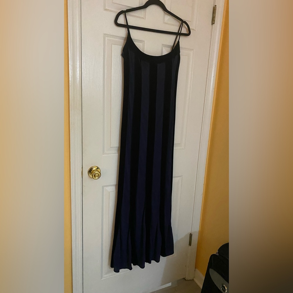 Niki Lavis Black and Blue Striped Maxi Dress